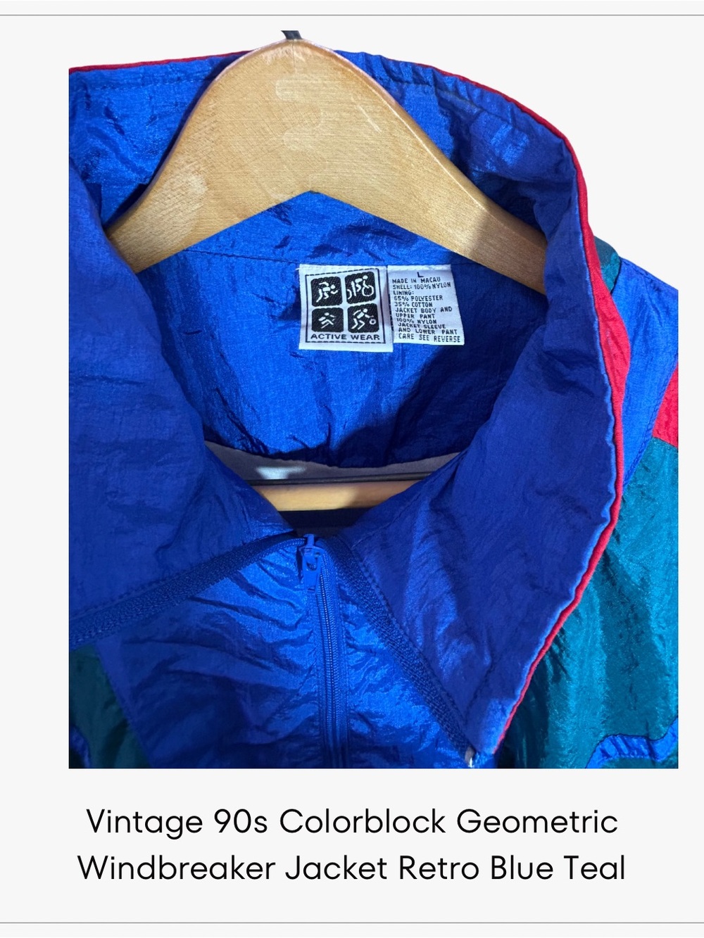 Vintage 90s Active Wear Colorblock Geometric Windbreaker Jacket Retro Blue Teal - Picture 3 of 3